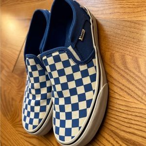 Blue/white checkerboard slip on Vans. Women’s size 8